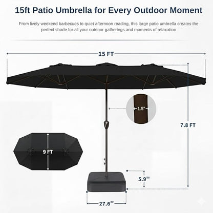 15FT Large Patio Umbrella with Base, Double Sided Rectangular Outdoor Umbrella with Sturdy Fiberglass Ribs, UPF 50+ Sun Protection, Wind-Resistant, Waterproof Fade-Resistant Fabric for Pool, Garden, Backyard, Deck(Black)