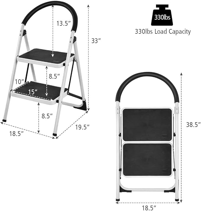 COSTWAY 2 Step Ladder, Folding Step Stool w/Wide Anti-Slip Pedal & Cushioned Handle, Multiuse Lightweight Portable Stepladder 330 lbs Capacity, Stool Ladder for Home Kitchen Office