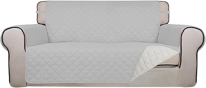 PureFit Reversible Quilted Couch Covers for Dogs Loveseat Sofa Cover 54" | Light Gray/Ivory, Water Resistant Couch Protector, Washable Pet Couch Cover with Non Slip and Elastic Straps For Kids