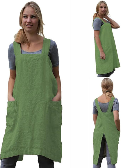 TBA Cotton Linen Apron Cross Back Apron for Women with Big Pockets Square Pinafore Dress for Baking Cooking BBQ & Grill