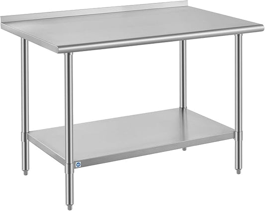 ROCKPOINT SS304 Top All Stainless Steel Table for Prep & Work with Backsplash 30x48 Inches, NSF Commercial Kitchen Heavy Duty Table with Adjustable Undershelf for Restaurant,Kitchen, Home and Hotel