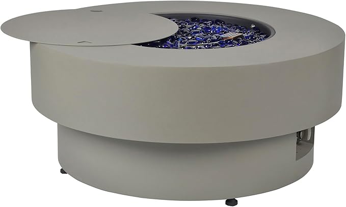 Propane Outdoor Fire Pit Table, Flint & Concrete Look 32-inch Round Patio Propane Fire Table 50,000 BTU w/Lid, Glass Rocks, Cover, Pre-Attached 10ft Hose