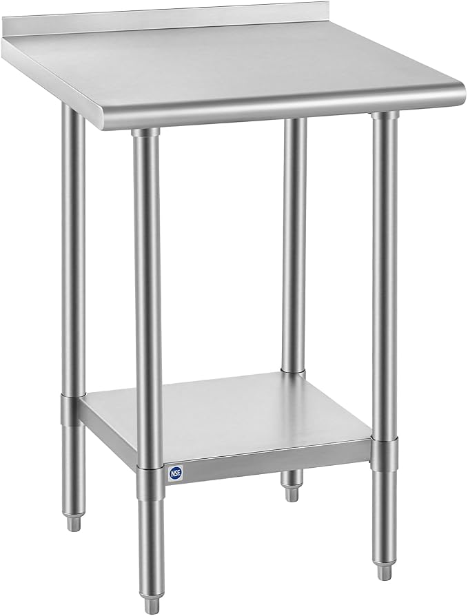 ROCKPOINT All Stainless Steel Perp Table with Backsplash 24x24 Inch, Commercial Heavy Duty Table with Stainless Legs & Adjustable Undershelf, 670 lb Capacity for Restaurant,Home and Outdoor Kitchens