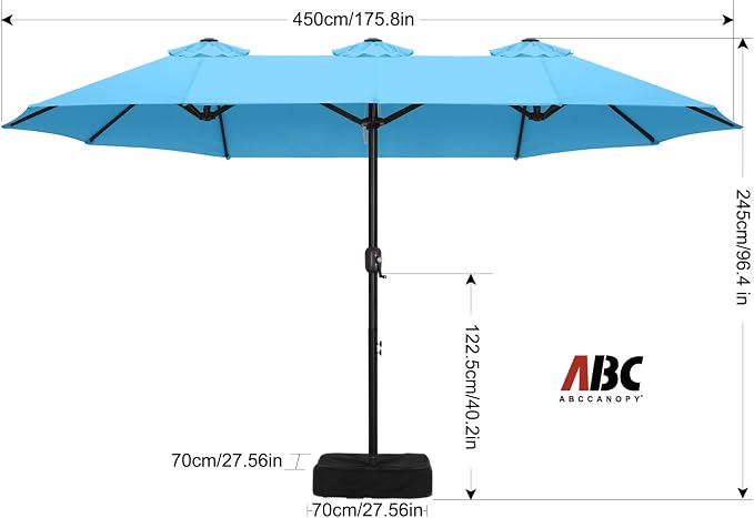 ABCCANOPY 15FT Double-Sided Rectangle Patio Umbrella with Base, Turquoise | Rectangular Outdoor Table Umbrella with Crank, Heavy Duty Market Umbrella Shade for Garden,Poolside, Lawn, Backyard