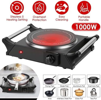 1000W Portable Single Burner Heating Stove Countertop RV Hotplate with 5 Temperature Stepless Adjustments Portable Handles