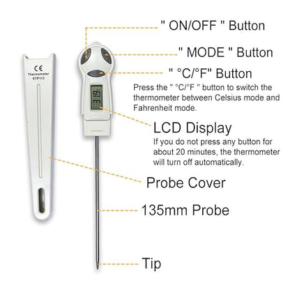 allsun Digital Meat Thermometer with Stainless Steel Probe, High Precision °C/°F Cooking Thermometer for Kitchen, Food & Home Use