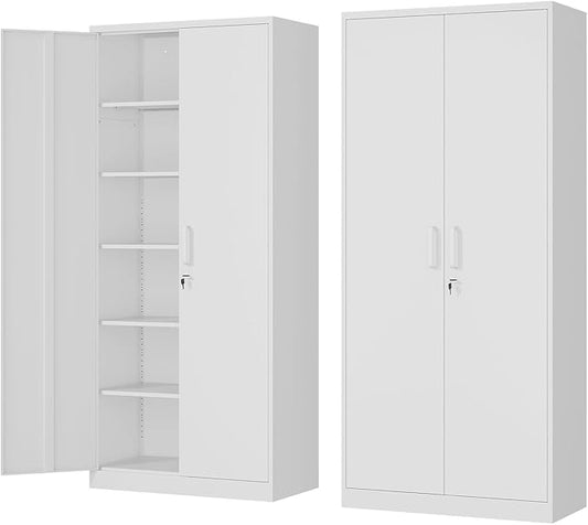 Fesbos Metal Storage Cabinet-72” Tall Steel File Cabinets with Lockable Doors and 5 Adjustable Shelves-White Steel Storage Cabinet for Home, School, Office, Garage