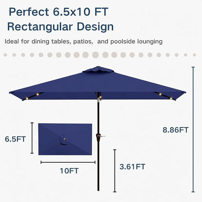 6.5 x 10ft Rectangular Patio Umbrella with Solar Lights, 16 LED Lighted Market Umbrella with Push-Button Tilt and Crank, 6 Sturdy Iron Ribs for Garden, Deck, Pool, Navy Blue