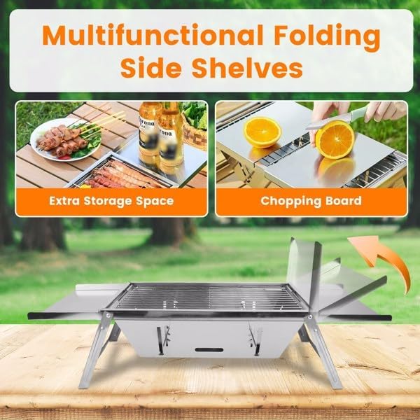 Foldable Small Charcoal Grill - Stainless Steel & High - Temp Resistant, Perfect for 2-3 Outdoor Enthusiasts! Ideal for Camping, BBQs, Picnics & Tailgating, Super Portable Yakitori Grills