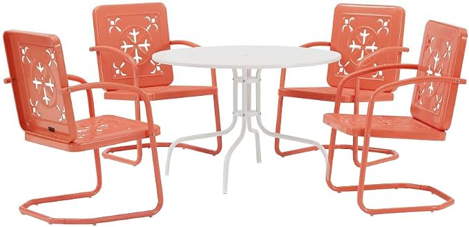 Crosley Furniture Azalea 5-Piece Vintage Outdoor Dining Set for 4, Retro Metal Round Patio Table and Chairs, Coral Gloss/White Satin