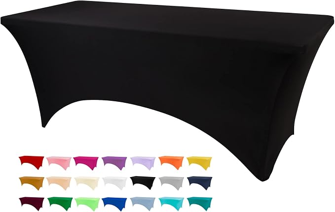 BDDC 8ft Black Stretch Spandex Fitted Table Cloth for 8 Foot Tables | GRS-Certified Eco-Friendly Fabric, Elastic Fit Rectangle Tablecloth, Washable, Wrinkle-Free, For Events & Parties