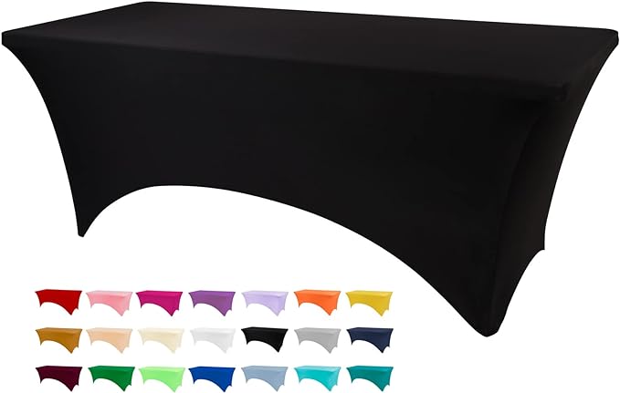 BDDC 6ft Black Stretch Spandex Fitted Table Cloth for 6 Foot Tables | GRS-Certified Eco-Friendly Fabric, Elastic Fit Rectangle Tablecloth, Washable, Wrinkle-Free, For Events & Parties