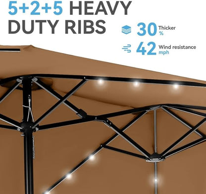 GREEN PARTY 15 ft Large Outdoor Patio Umbrella with Solar Led Lights & Base Included, Double-Sided Rectangular Table Umbrella with Stand, Market Umbrellas for Deck Poolside Garden Backyard, Tawny