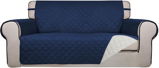 PureFit Reversible Quilted Couch Covers for Dogs Loveseat Sofa Cover 54" | Navy/Ivory, Water Resistant Couch Protector, Washable Pet Couch Cover with Non Slip and Elastic Straps For Kids