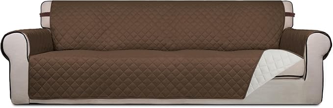 PureFit Reversible Quilted Couch Covers for Dogs Sofa Cover 4 Seater 88" | Coffee/Ivory, Water Resistant Couch Protector, Washable Pet Couch Cover with Non Slip and Elastic Straps For Kids