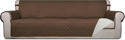 PureFit Reversible Quilted Couch Covers for Dogs Sofa Cover 4 Seater 88" | Coffee/Ivory, Water Resistant Couch Protector, Washable Pet Couch Cover with Non Slip and Elastic Straps For Kids