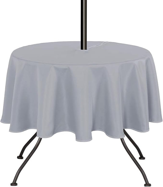 SARAFLORA Outdoor and Indoor Tablecloth -60 inch Round, Silver Wrinkle Free Washable Waterproof Table Cloth with Umbrella Hole and Zipper Round Table Cover for Spring/Summer/Patio/Picnic/BBQS/Party