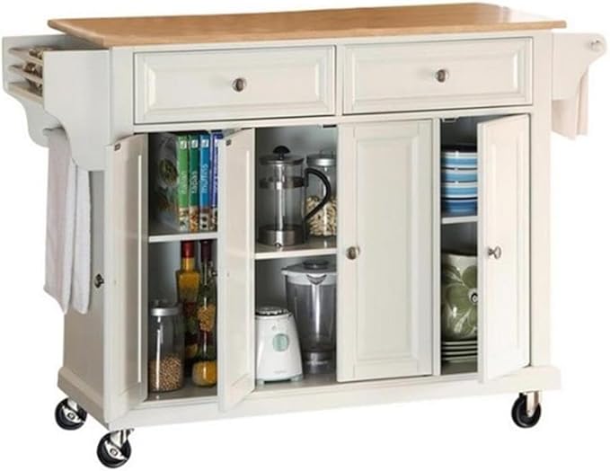 Crosley Furniture Full Size Wood Top Rolling Kitchen Island Storage Cart, Microwave Stand, Spice Rack, White