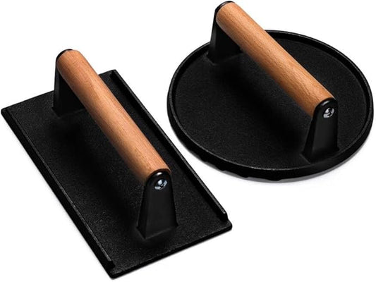 Burger Press, 7" Round & 8.2"X4.3" Rectangle Heavy-Duty Cast Iron Smash Bacon Press Meat Steak With Wood Handle for Griddle, Sandwich, Nonstick Pan