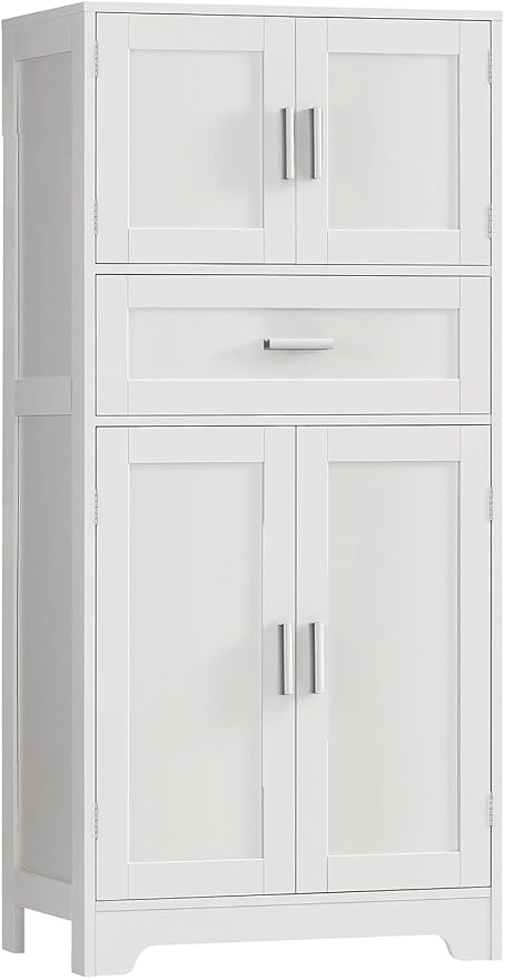 Bathroom Storage Cabinet with Adjustable Shelf & Large Drawer | Tall Storage Cabinet with 4 Doors, Kitchen Pantry Storage Cabinets, for Living Room, Dining Room, Entryway, White