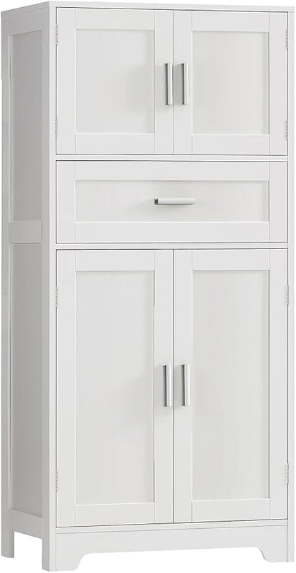 Bathroom Storage Cabinet with Adjustable Shelf & Large Drawer | Tall Storage Cabinet with 4 Doors, Kitchen Pantry Storage Cabinets, for Living Room, Dining Room, Entryway, White