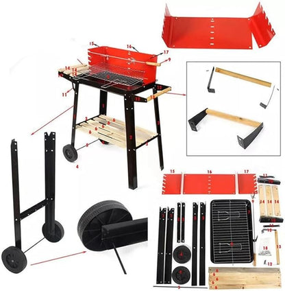 Portable Charcoal Grill for Camping BBQ Grills Outdoor Barbecue Grill with Side Wheel Trolley, Adjustable Height, Easy to Move and Clean, Ideal for Garden Patio Backyard Picnic,LightGrey-D