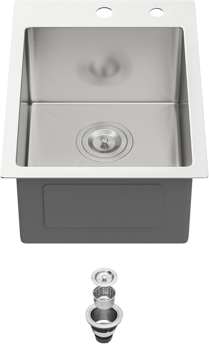 15 Drop In Bar Sink 15 x 20 Inch Kitchen Sink 18 Gauge Stainless Steel Single Bowl Topmount Handmade Sink for Outdoor, RV, 15x20x9