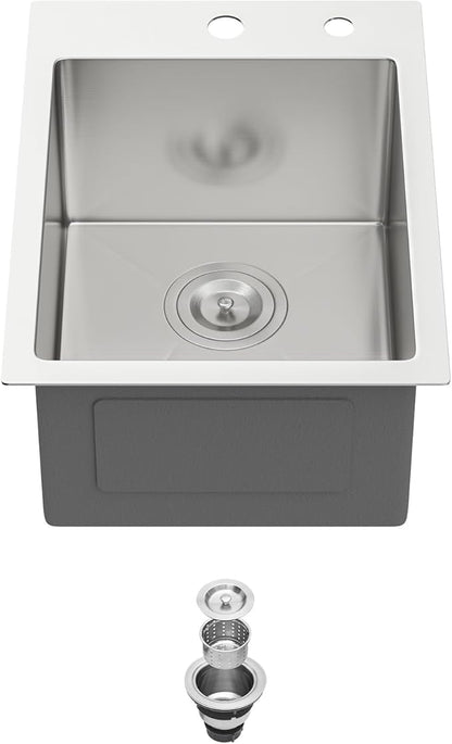15 Drop In Bar Sink 15 x 20 Inch Kitchen Sink 18 Gauge Stainless Steel Single Bowl Topmount Handmade Sink for Outdoor, RV, 15x20x9