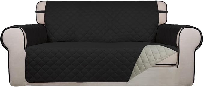 PureFit Reversible Quilted Couch Covers for Dogs Loveseat Sofa Cover 54" | Black/Beige, Water Resistant Couch Protector, Washable Pet Couch Cover with Non Slip and Elastic Straps For Kids