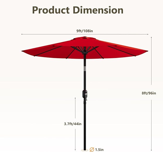 9FT Patio Umbrella,Outdoor Table Umbrella with Push Button Tilt & Crank,Pool Umbrella with Fade-Resistant Canopy, Heavy-Duty Steel Frame, Vented Top, for Deck, Backyard & Market