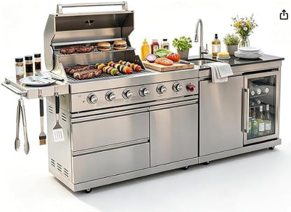 84 Inch Outdoor Kitchen Island, 6 Burner 75300 BTU Deluxe Stainless Steel Gas Grill Bar Island with Stainless steel Sink Wine Cooler Refrigerator, Granite Countertops, Rotisserie kit (Silver)