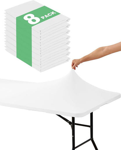 Fitted Tablecloth Rectangle Table Cloths with Elastic, 8 ft, White, 8 Pack | For Outdoor Picnic Camping Party 8 foot Folding Spandex Table Covers, Water-Resistant, Windproof, Reusable, 96"L x 30"W