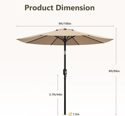 9FT Patio Umbrella,Outdoor Table Umbrella with Push Button Tilt & Crank,Pool Umbrella with Fade-Resistant Canopy, Heavy-Duty Steel Frame, Vented Top, for Deck, Backyard & Market