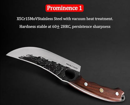 Hand Forged Hunting Knife with Leather Sheath High Carbon Steel Full Tang Butcher Boning Knife for Camping Hiking Fishing BBQ Single Blade Outdoor Cleaver for Meat Cutting and Game Processing