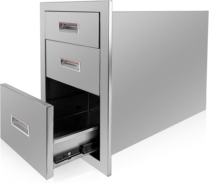 Outdoor Kitchen Triple Layer Drawer 14'' W x 20.3'' H x 23'' D Flush Mount BBQ Access Drawers Stainless Steel BBQ Island Drawers with Handle Suitable for Outdoor Kitchen Island Grill Station