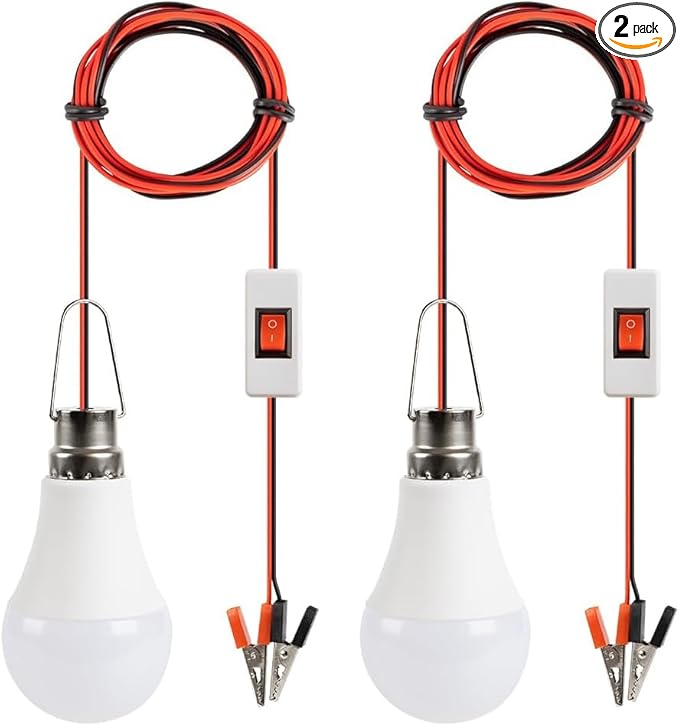 DC 12V LED Light Bulb Emergency Lamp Lights with 3 Meter Clamp Wiring & Switch for Camping Light, Outdoor Lighting, Motorcycle, Boat, RV Interior Low Volt Lightings, White 6500K, 2 Packs (12W)