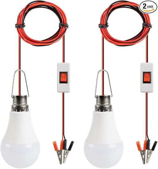 DC 12V LED Light Bulb Emergency Lamp Lights with 3 Meter Clamp Wiring & Switch for Camping Light, Outdoor Lighting, Motorcycle, Boat, RV Interior Low Volt Lightings, White 6500K, 2 Packs (12W)