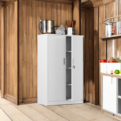 Metal Storage Cabinet with Locking Doors and 3 Adjustable Shelves, 53.5-Inch Lockable Storage Cabinets for Home Office Garage Kitchen Pantry (White)