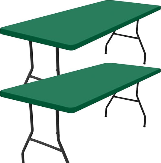 Smiry 2 Pack Rectangle Tablecloth, Elastic Fitted Flannel Backed Vinyl Tablecloths for 6ft Folding Tables, Waterproof Wipeable Table Covers for Outdoor, Picnic and Camping (Emerald Green, 30"x72")