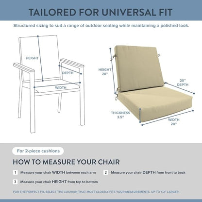 California Umbrella Outdoor Dining Chair, Set of 2 Patio Seat Cushions, 20 x 40 Inch, Premium Outdoor Memory Foam, Fade Resistant, Sunbrella Fabric, Fabric Ties, Antique Beige