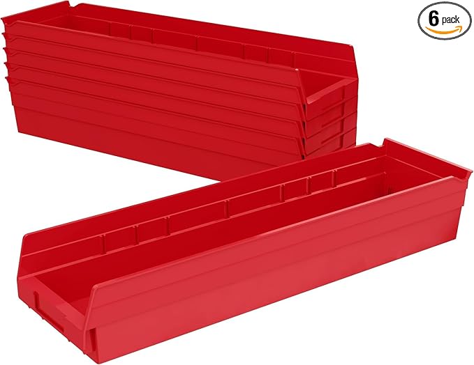 Akro-Mils 30164 Heavy Duty Plastic Shelf Bins, 24"x 6.5"x 4", Red, 6-Pk | Heavy Duty Nesting Storage Bins for Garage, Closet, Refrigerator, Kitchen, Cabinet, Drawer Organization, Pantry Organization