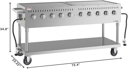Pemberly Row 72" Commercial Mobile Outdoor Propane Gas Grill, Stainless Steel, Silver Finish, 16,000 BTU Burners, Rolling Caster Wheels, Heavy Duty Design for Restaurant or Home Outdoor Cooking
