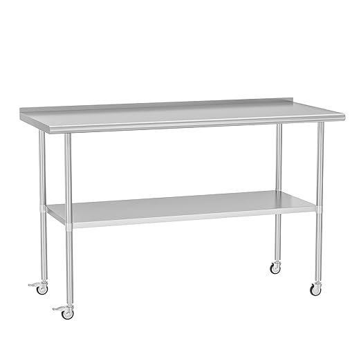Stainless Steel Prep Table 30" X 60" with Adjustable Undershelf, Backsplash and Wheels, Commercial Metal Workstations for Kitchen, Garage, Home and Hotel