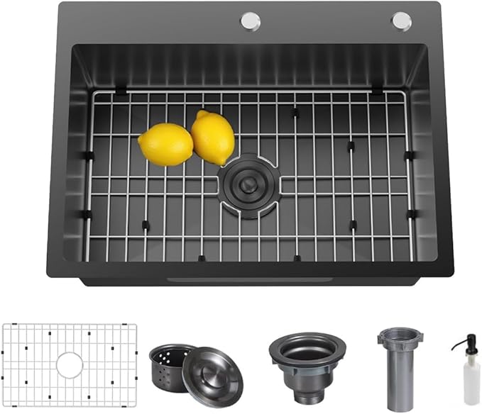 32 x 19 Inch Modern Drop In Kitchen Bar Sink, 304 Stainless Steel Black Single Bowl Topmount Sink, Nano Laundry RV Deep Workstation Sinks with Drain Strainer & Grid