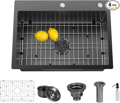 30 x 19 Inch Modern Drop In Kitchen Bar Sink, 304 Stainless Steel Black Single Bowl Topmount Sink, Nano Laundry RV Deep Workstation Sinks with Drain Strainer & Grid