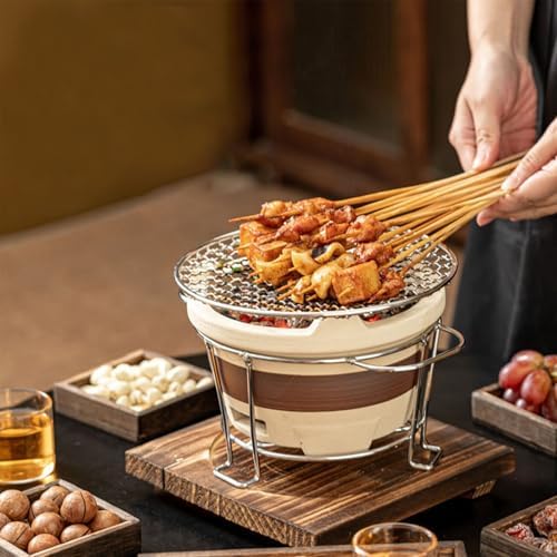 Clay Charcoal Stove, Portable Barbecue Stove, Tabletop Clay Stove, Tea Making Charcoal Stove, with Metal Rack, Wooden Base, Metal Grill Pan, Outdoor Charcoal Stove(Medium)