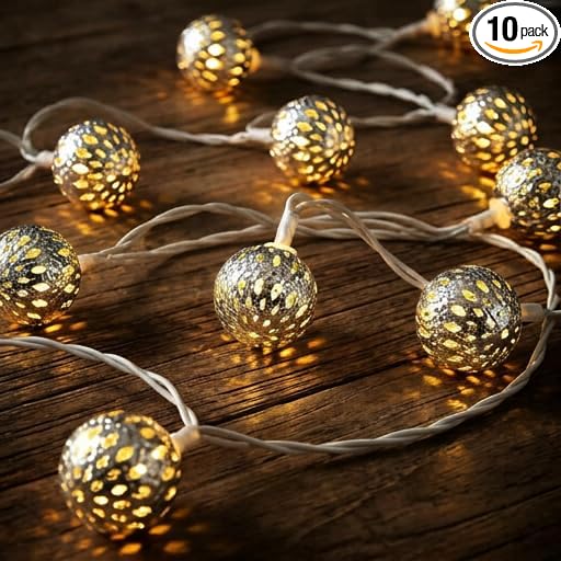 8.5Ft Moroccan Decorative String Lights, 10 LED Warm White Boho Globe Decor | End-to-end Connectable, IP44 Waterproof, Hollow Lantern Decorative String Lights for Bedroom Ramadan Diwali Bohemian Weddings