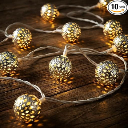8.5Ft Moroccan Decorative String Lights, 10 LED Warm White Boho Globe Decor | End-to-end Connectable, IP44 Waterproof, Hollow Lantern Decorative String Lights for Bedroom Ramadan Diwali Bohemian Weddings