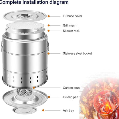 Stainless Steel Smokeless Charcoal Grill - 360° Rotating BBQ Insulated with Cotton Includes 20 Skewers & Accessories for Multi-Functional Outdoor Cooking