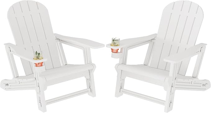 Shintenchi Adirondack Chairs Set of 2,HDPE Adirondack Chairs w/Removable Tablelop & Umbrella Hole,All-Weather Wooden Textured Plastic Outdoor Chairs w/Cup Holders for Garden Backyard Pool,White